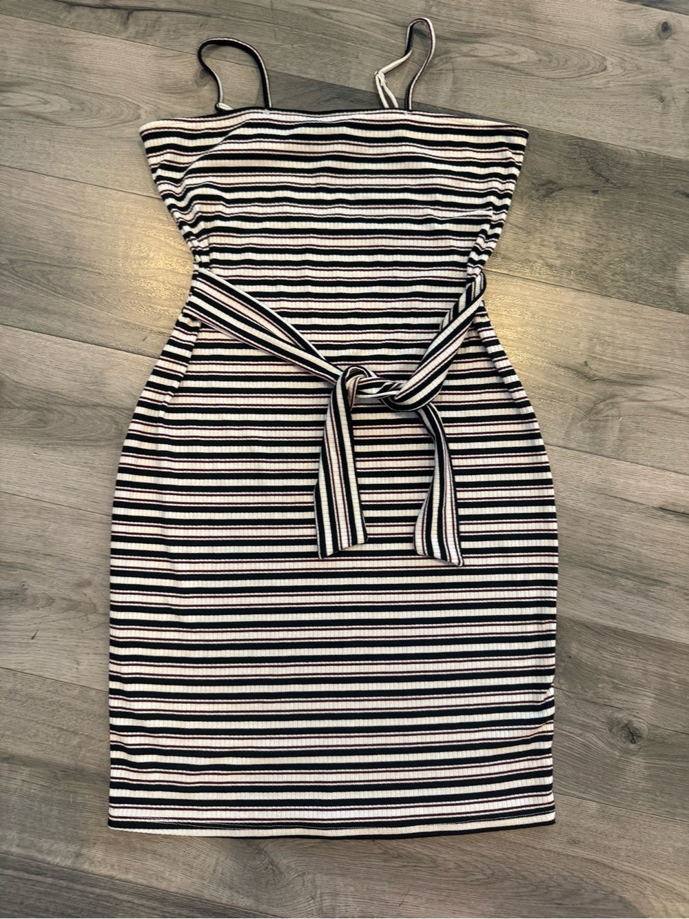 Bear Dance Black & White Striped Tie‑Waist Midi Dress